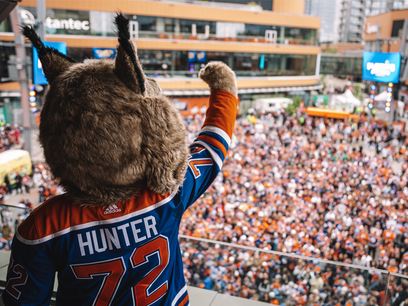 Oilers mascot Hunter looks out onto crowd