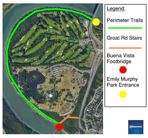 A map showing the access points to the perimeter trails around William Hawrelak Park.