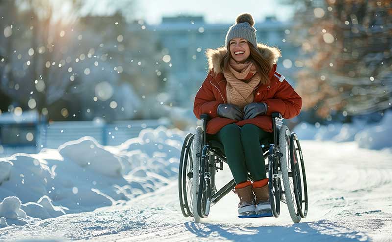 Woman in wheelchair on a sidewalk