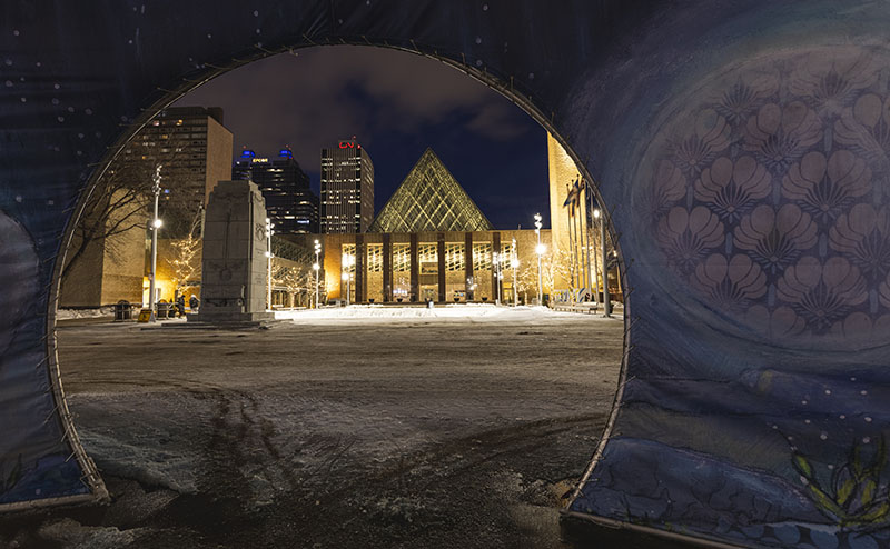 City Hall Plaza in winter at night